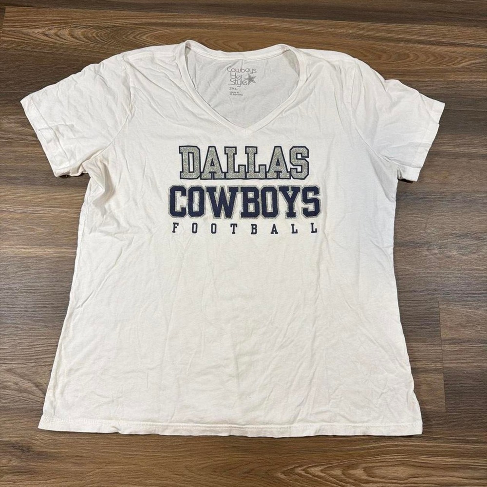 Dallas Cowboys white v-neck t-shirt with blue and gray text